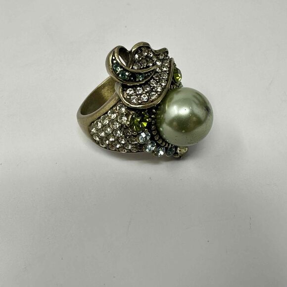 Heidi Daus Ring Size 5.5 Crystal Faux Pearl Peridot Rhinestone Cabochon - Picture 13 of 16